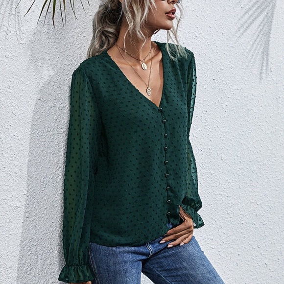 swiss dot v neck button chiffon long sleeve top - Picture 8 of 16